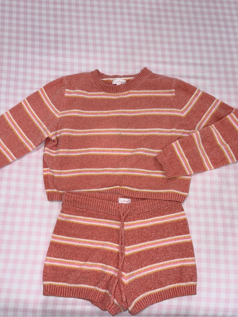 Colsie Striped Knit Lounge Set in Coral with Pastel Accents